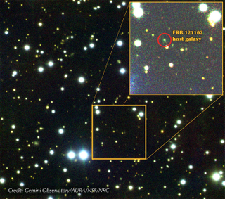 A composite image of FRB 121102, located in a dim and distant host galaxy. Image:Gemini Observatory/AURA/NRC